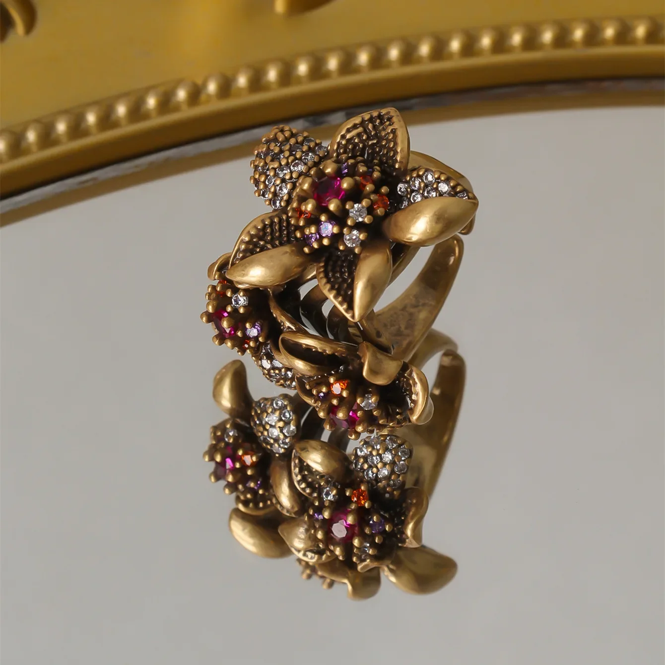 European and American Retro Flower Earrings and Rings Set Flower Stamens Colored Zircon Fashion Niche Rings for Women