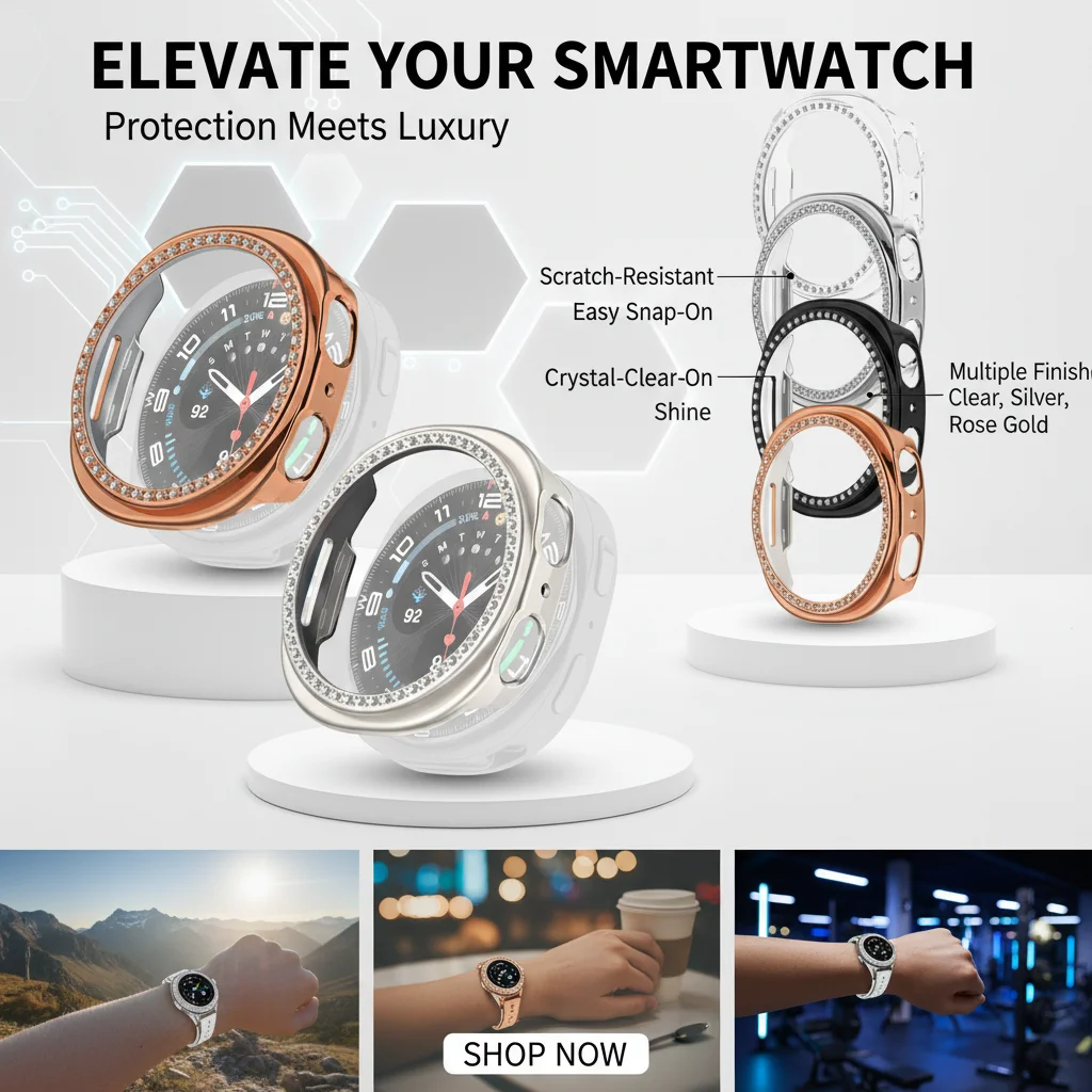 Capa Brilhante para Samsung Galaxy Watch 8 44mm/40mm com Diamantes, Capa Protetora Rígida de PC para Samsung Galaxy Watch8