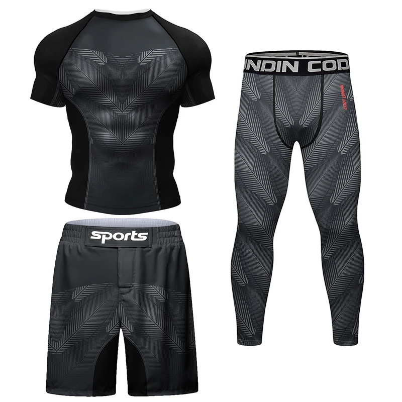 New Boxing Rashguard MMA T-shirt+Shorts For Men 4PCS/Set Black Grappling Bjj Rash Guard Jiu Jitsu T-shirts Sport Tights Clothing