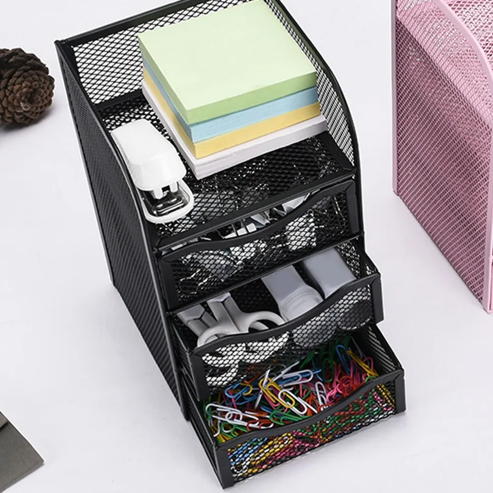 3 Drawers Desk Organizer Black Multifunctional Desktop Organizer Wire Mesh Metal Desk Accessories Organizer For Office