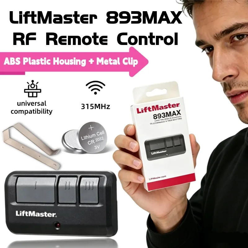 893MAX Universal Garage Door Remote Control with Metal Clip 315MHz 3 Buttons for LiftMaster Chamberlain Sears Craftsman Opener