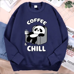 Coffee Chill Panda Enjoying Time Hoodies Men Women Autumn Loose Fashion Hoodie O-Neck Print Pullovers Casual Sweatshirt Couple