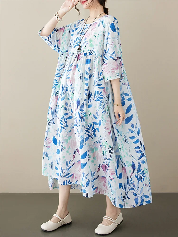 

Oversized Summer Women New Casual Loose Beach Print Dress Korea Ladies Womens Pullover Big Size Floral A-line Long Dresses