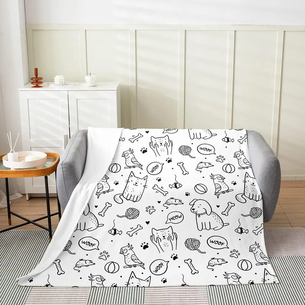 Dog Cat Flannel Fleece Blanket,Cute Pet Paw Cartoon Bones Bed Super Soft Blanket for Kids Teens,Black White