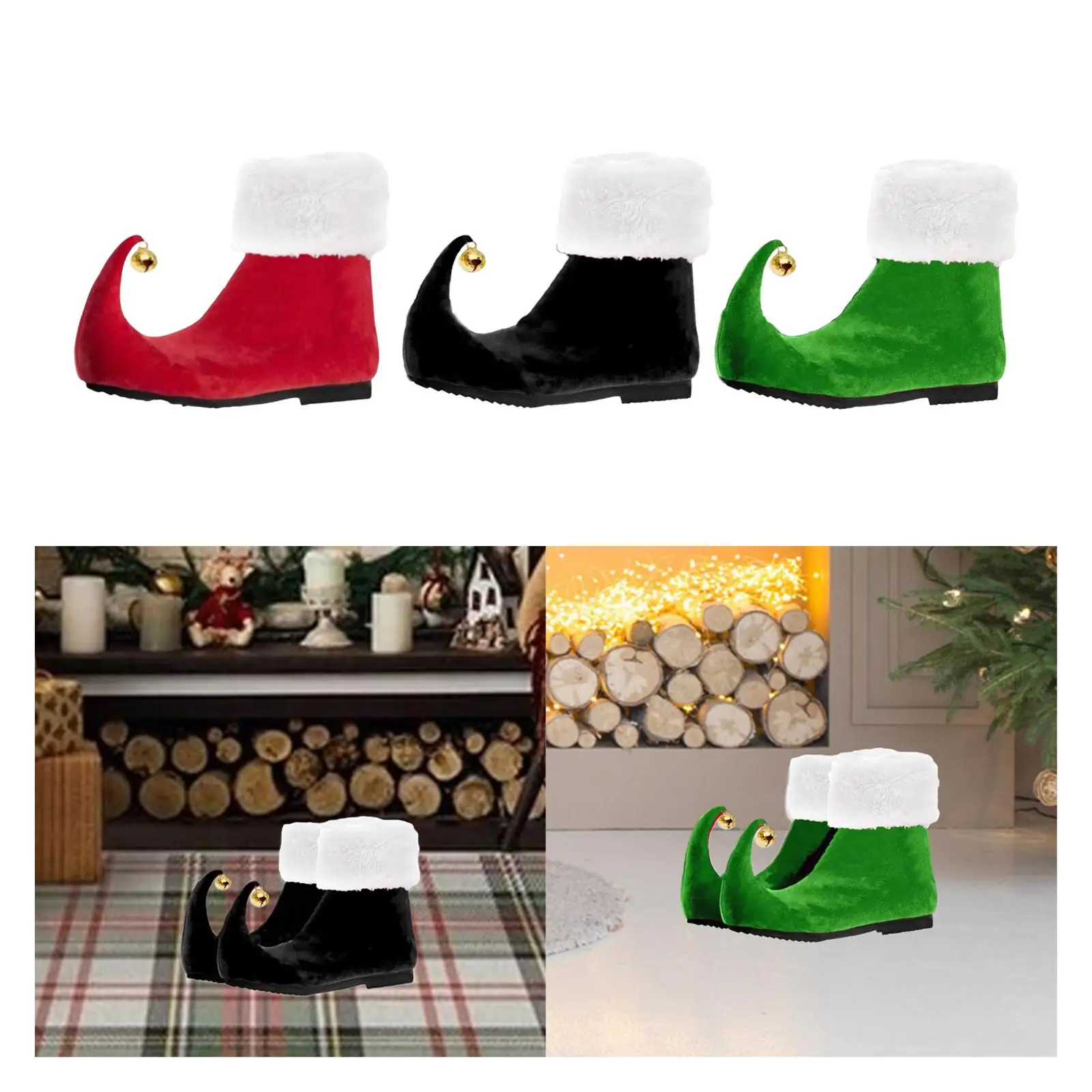 1 Pair of Funny Christmas Elf Shoes with Bells Black Pointy Elf Booties for Santa Helper Costume Xmas Fancy Dress Party Supplies