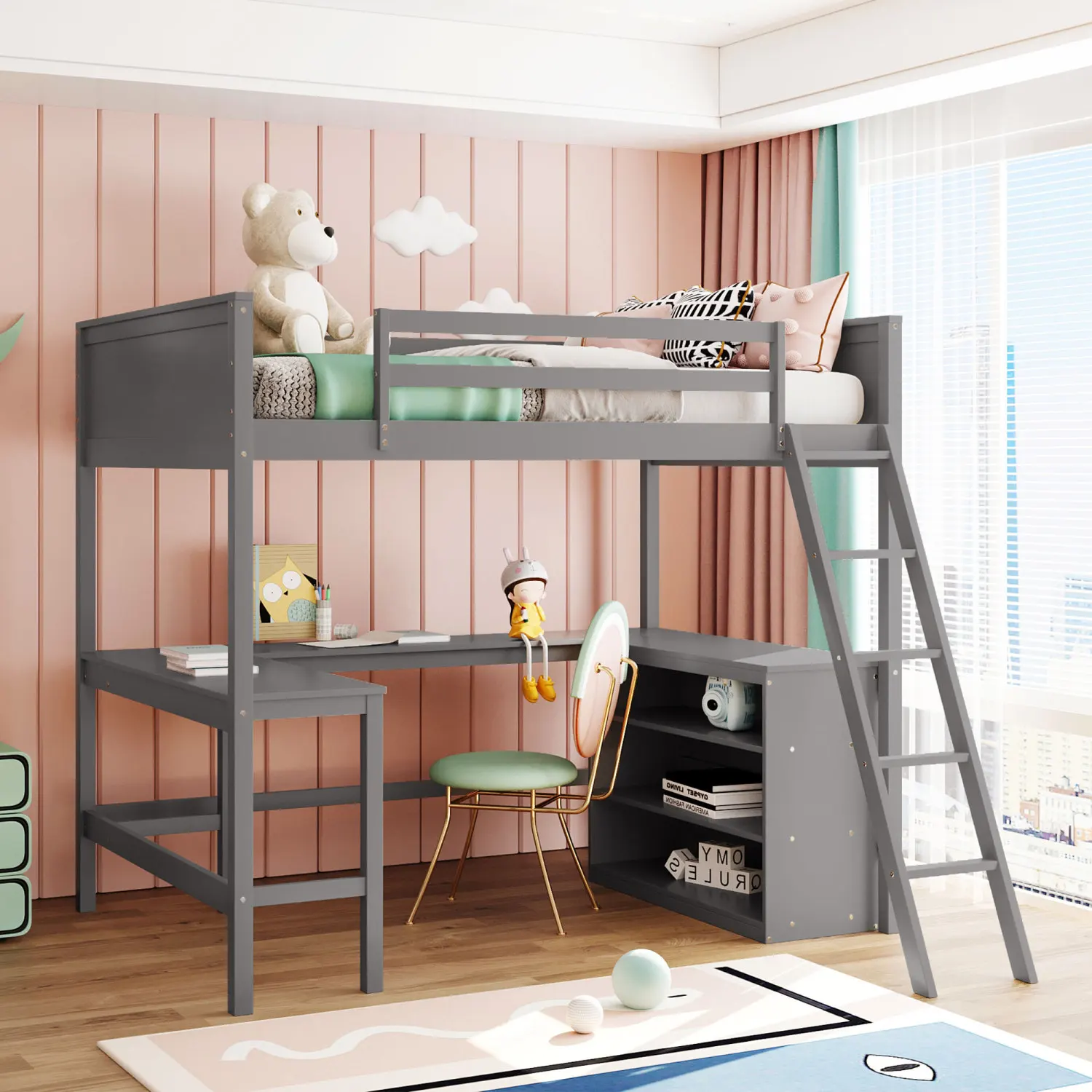 Full Size Loft Bed with Shelves and Desk, Gray Wooden Loft Bed - Optimized Storage Solution