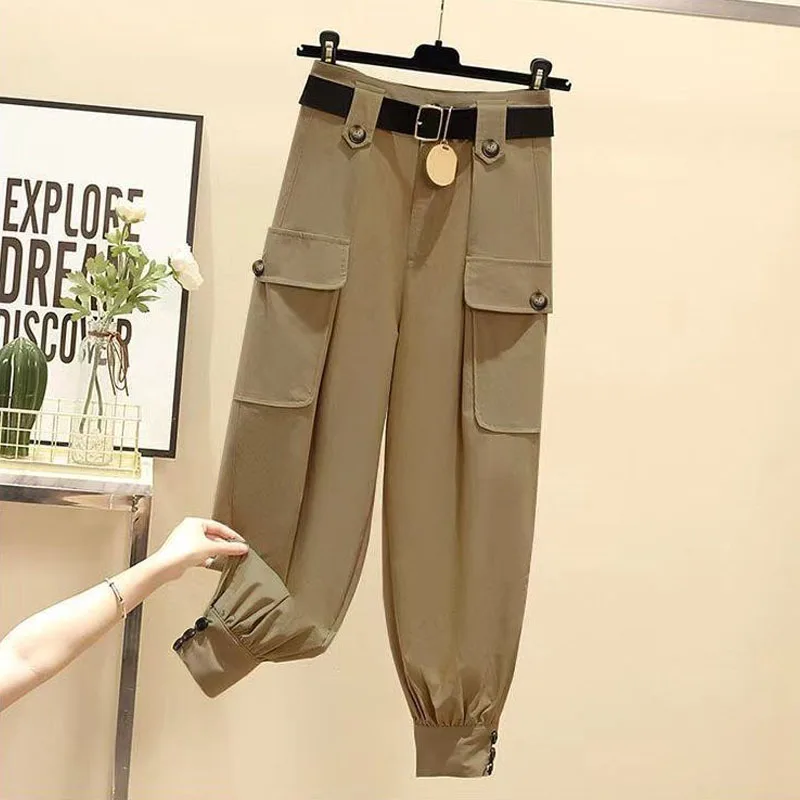 Imagem -05 - Calça Cargo Monocromática Feminina com Bolsos Casual e Elegante com Todos os Fósforos Feminina Roupas Coreanas Primavera e Outono