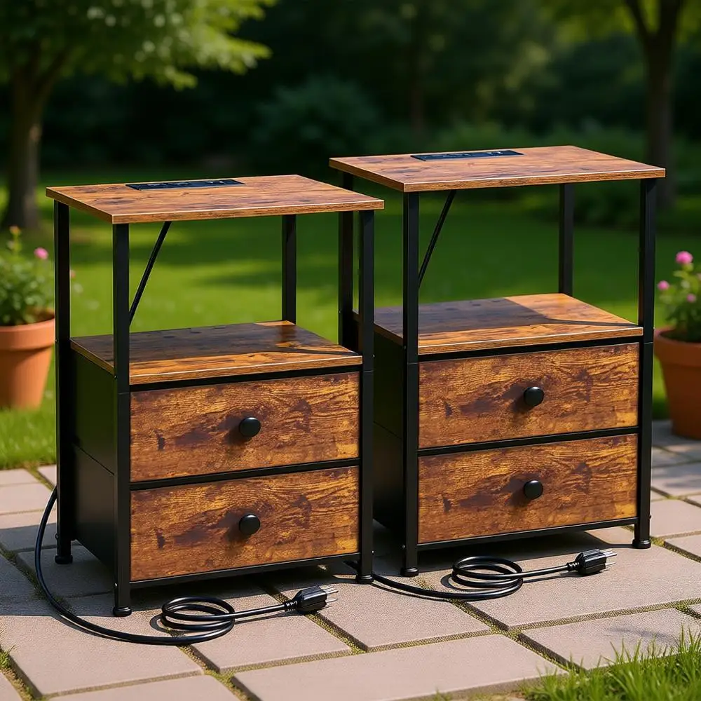

Rustic Brown Nightstand with Charging Station and Fabric Drawers for Small Spaces