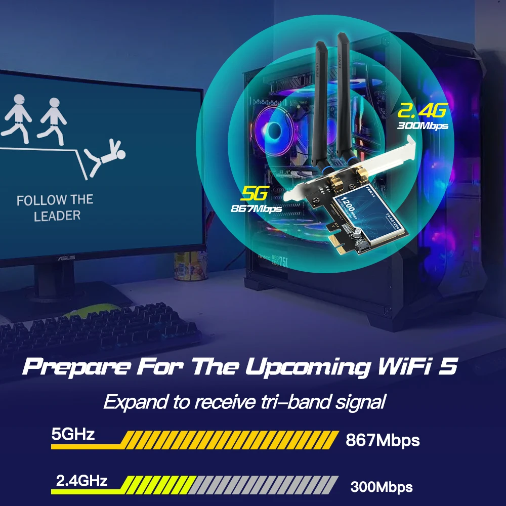 AC1200 WiFi 5 PCIe Wireless Adapter Dual Band 2.4G/5GHz Bluetooth 4.0 Network Card 1200Mbps for Windows 7/10/11 Desktop PC