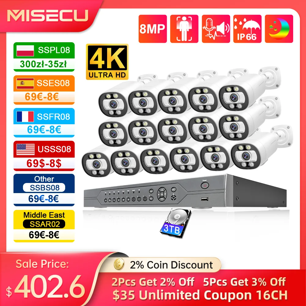 MISECU 5MP System 16CH POE CCTV Security NVR Kit Human/Face Detect Two Way Communication Outdoor IP Camera Surveillance System