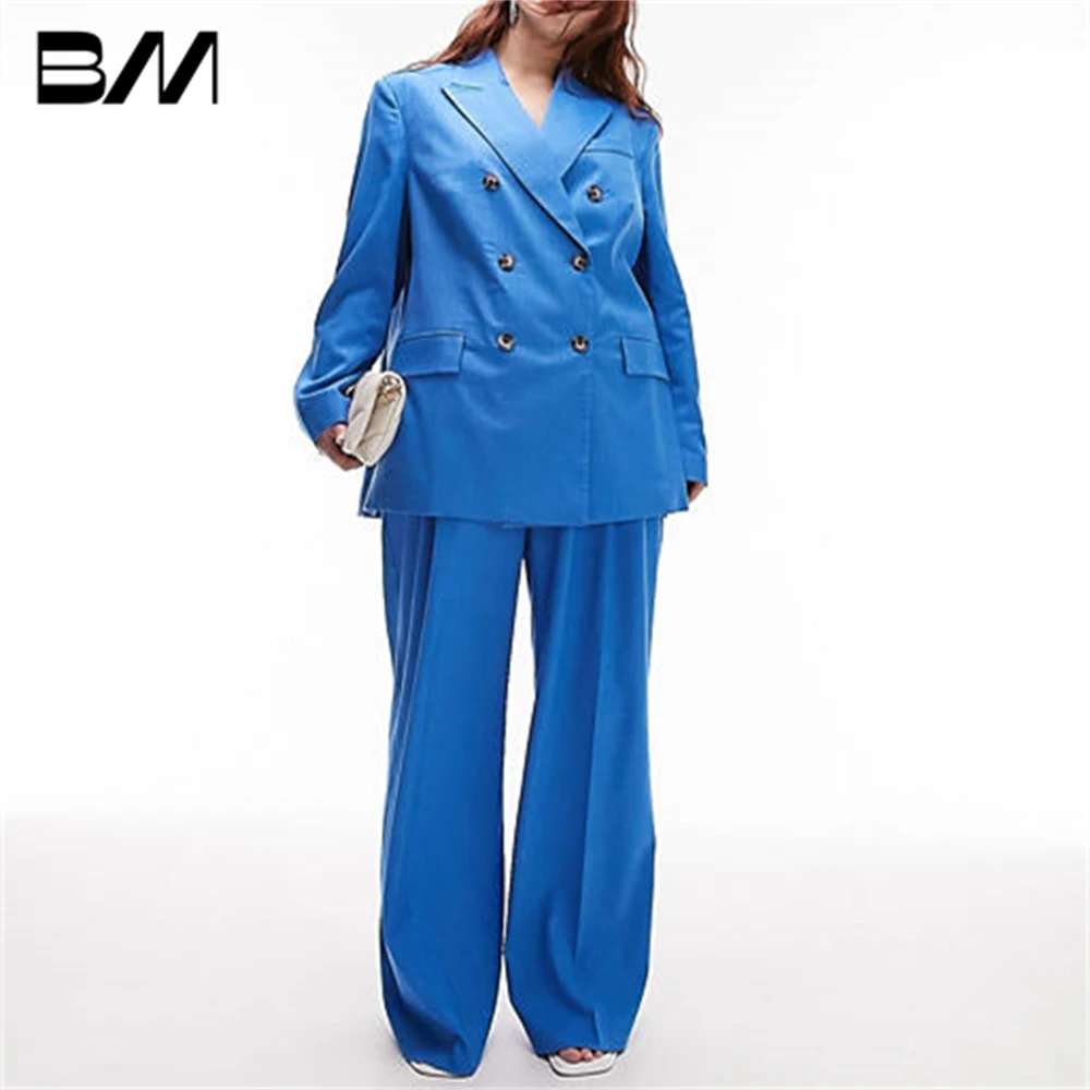 Double Breasted Plus Size Women Autumn Pantsuit Long Classic Royal Blue Fashion Suit Set Stylish Outfit For Women