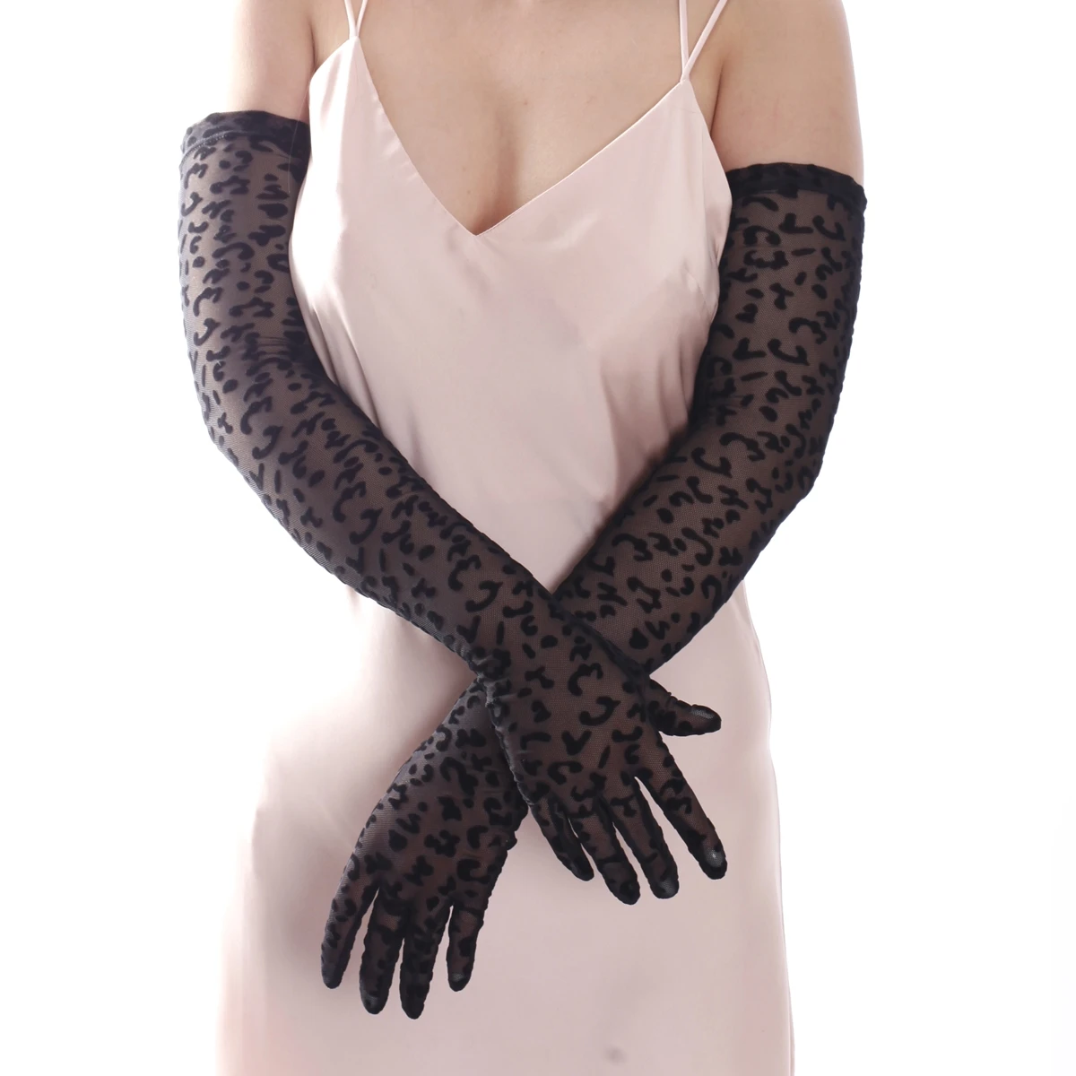 Ftshist-guantes largos sexys flocados, elásticos, de malla negra, con encaje de leopardo, patrón de cebra transparente, finos, accesorios para disfraz de Graduación