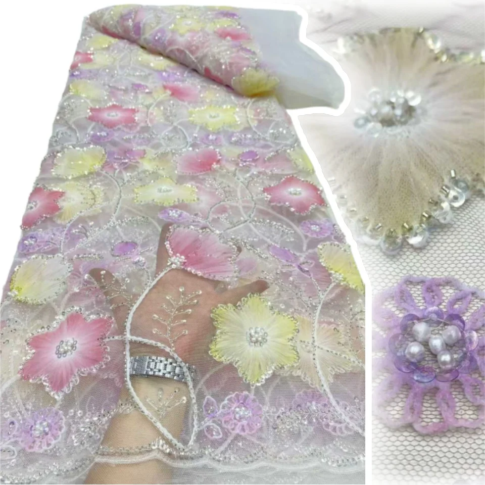 ผ้าลูกไม้ตาข่ายฝรั่งเศสลายดอกไม้ 3 มิติ หรูหรา ประดับเลื่อม ลูกปัดไนจีเรียล่าสุด ผ้าทูลปักลาย สำหรับชุดแต่งงาน รุ่น S1491