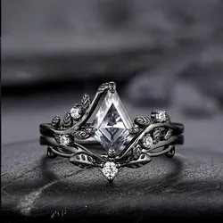 European and American new leaf shaped polygonal zircon gun black women's ring set