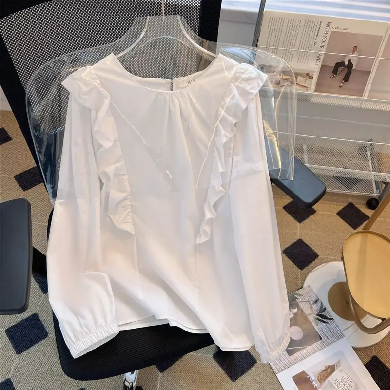 

2023 Spring White Ruffle Korean Version Loose White Round Neck Long-sleeved Shirt Blouse Female