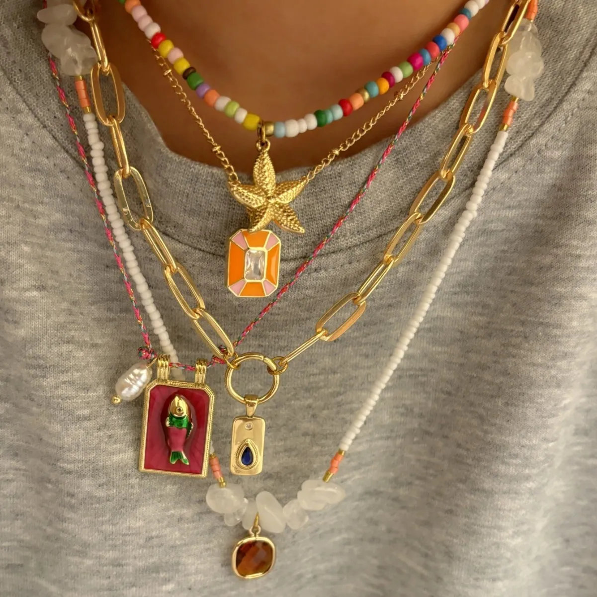 

5PCS/Set Charm Bohemian Sea Star Pendant Irregular Gravel Beads Clavicle Chain Women's Necklace Holiday Jewelry Accessories