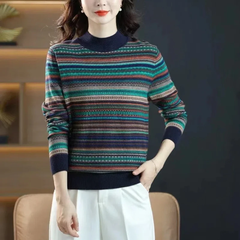 Temperament Autumn/Winter Sweaters Women\'s Half High Collar Striped Contrast Color Fashion Long Sleeve Pullovers Knitted Tops