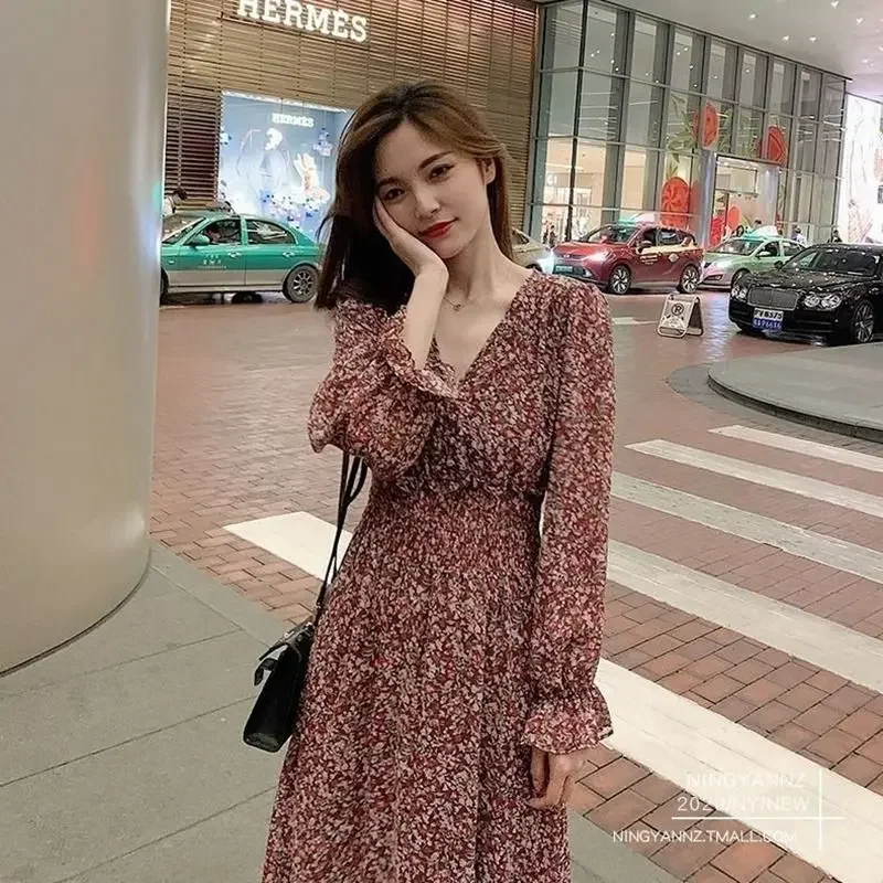 Floral Dress Women's Chiffon Mid-Length Retro Printed Dress New Style Woman Dress Vestido De Mujer Femme Robe