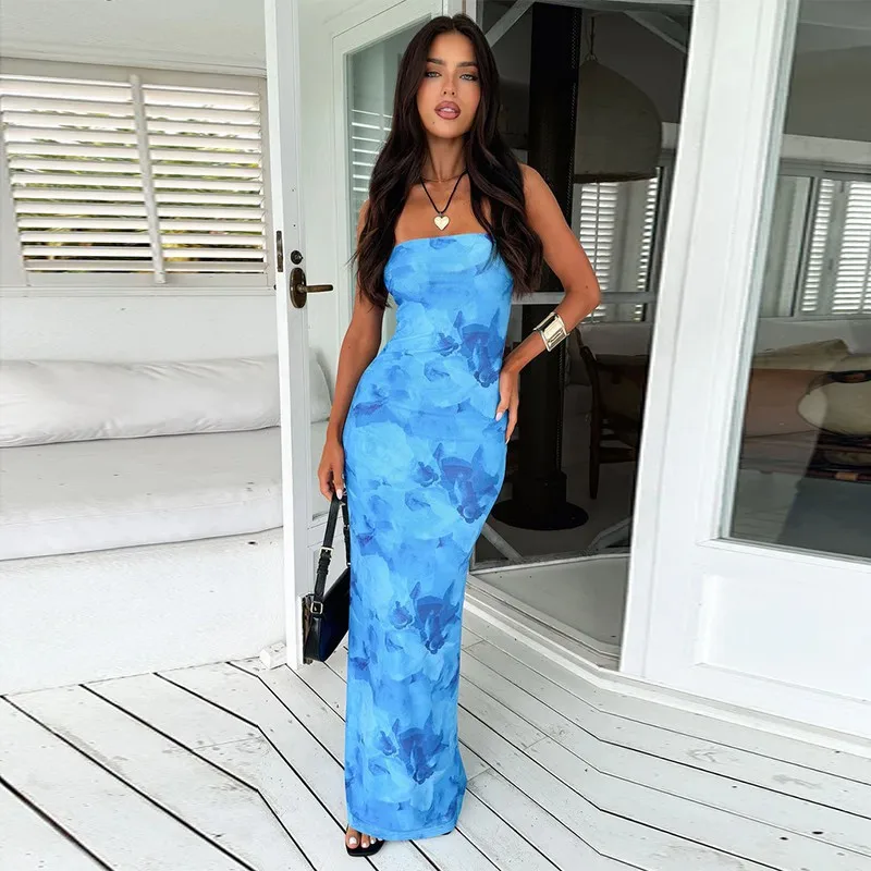 

Поп-сексуальное платье макси без бретелек без рукавов для женщин, летние облегающие платья с цветочным принтом, пляжные праздничные вечерние халаты High Street Out