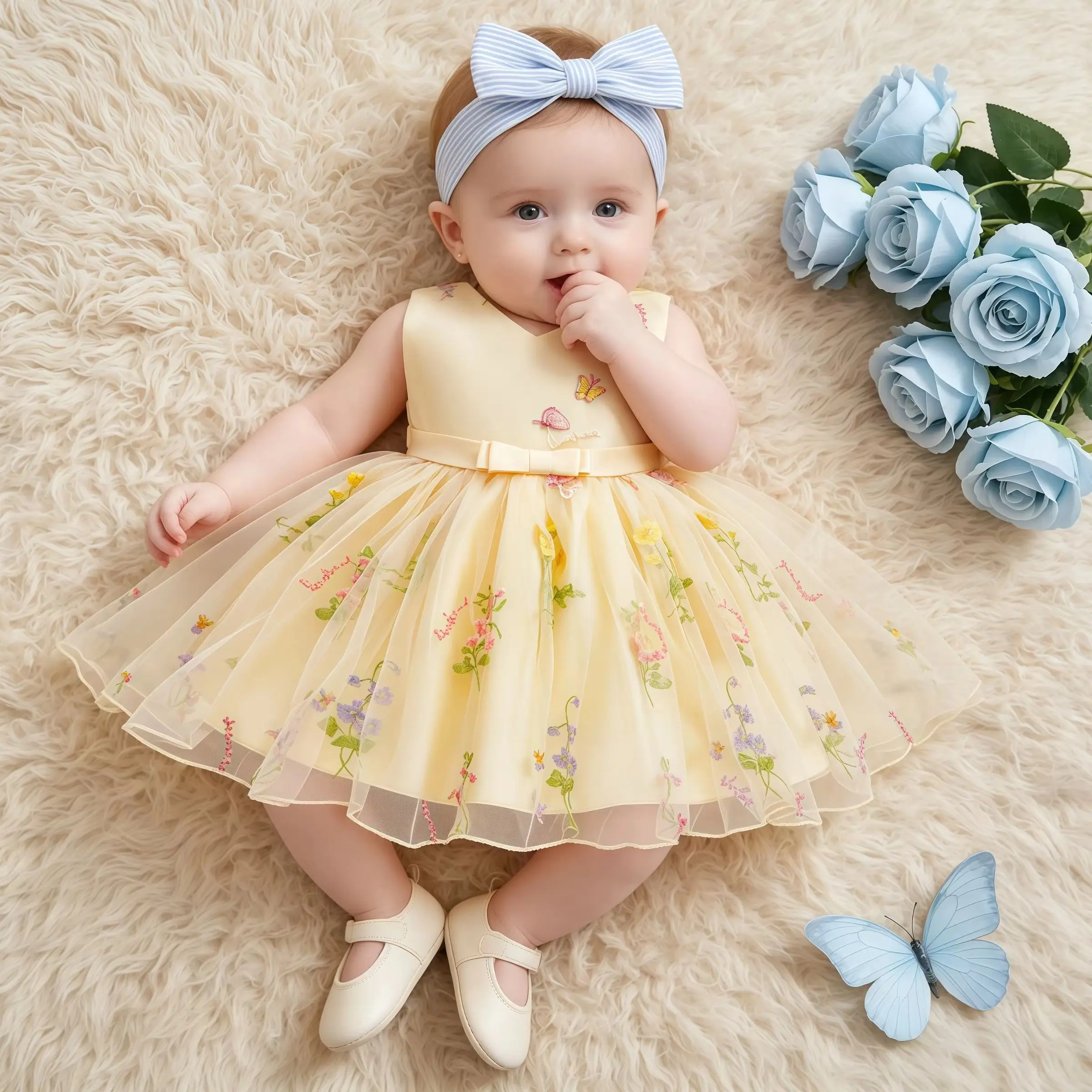 Toddler Girls Flower Embroidered Mesh Backless Butterfly Princess Dress For Sweet Baby Birthday Baptism Party Photoshoot Vestido