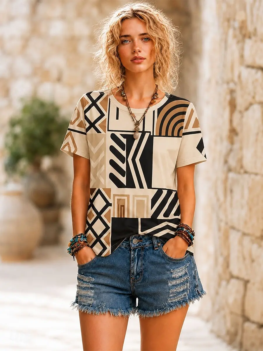 Women's Spring Summer 3D Printed Crew Neck T-Shirt, Khaki Brown Retro Ethnic Geometric Patchwork Print Casual Street Tee
