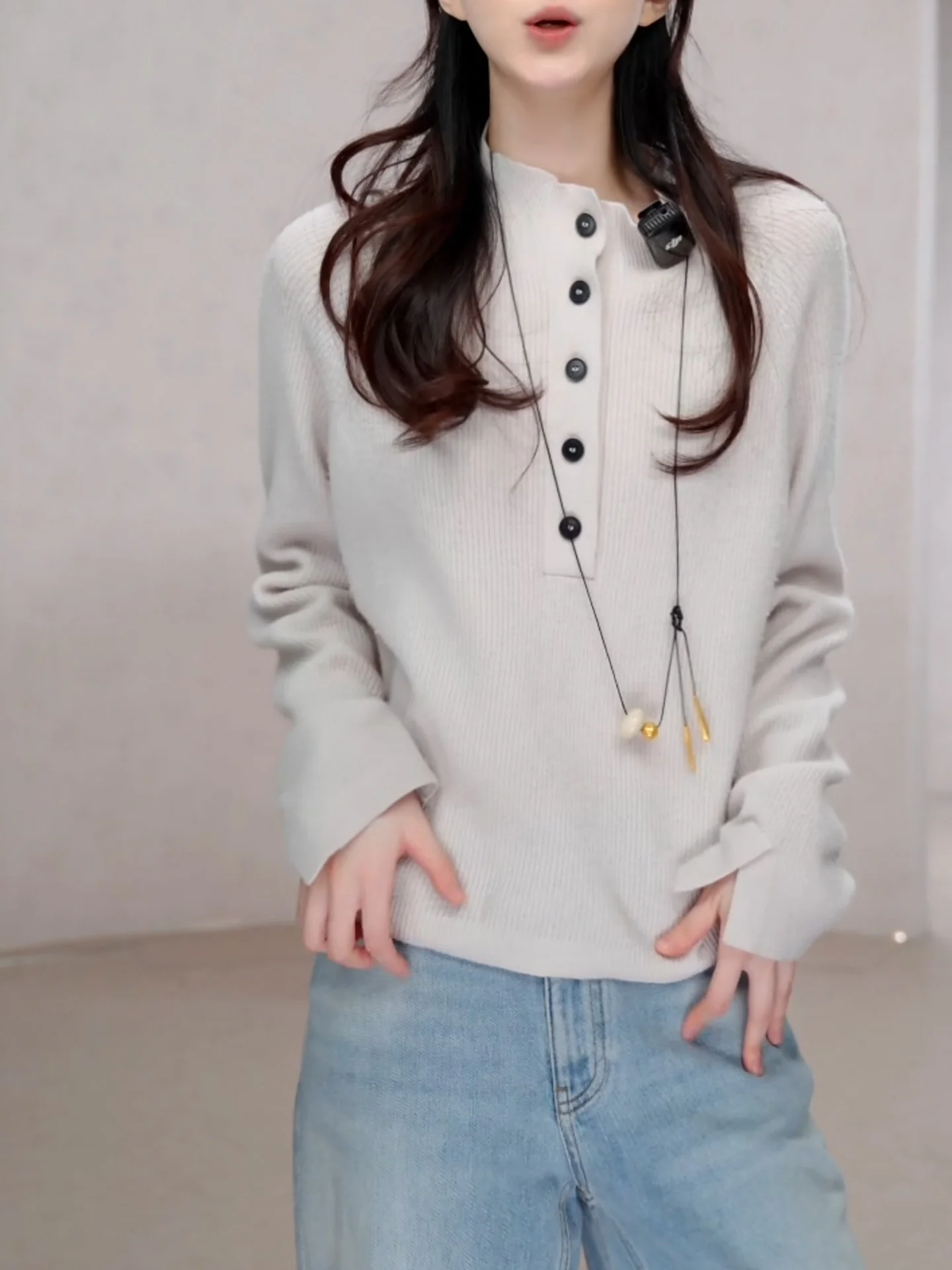 

Slimming Effectiven Knitted Base irt Women's Light ey f Open Collar Knitwear Simple Sle Autumn Winter New Arrival