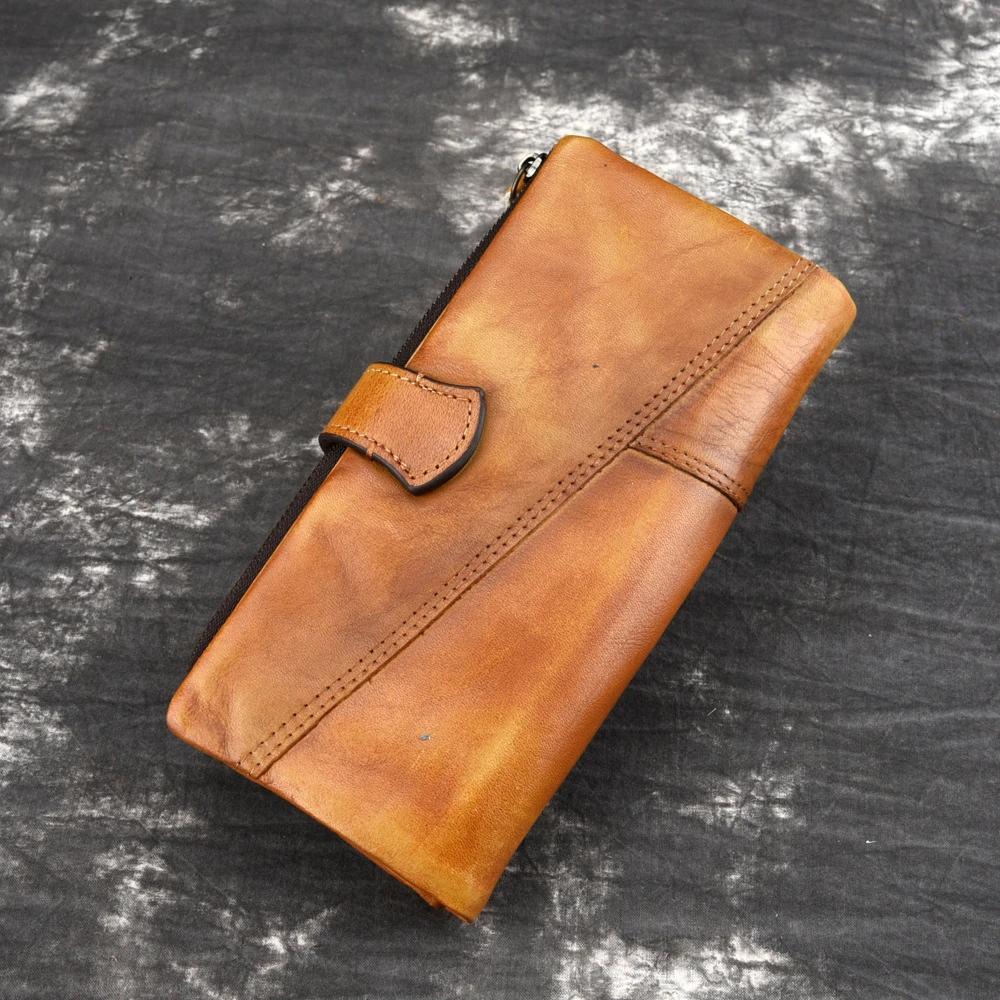 Vintage Cowhide Purse Oil Wax Skin Long Wallet For Male Genuine Leather Notecase For Ladies Multi-card Splicing Wallet