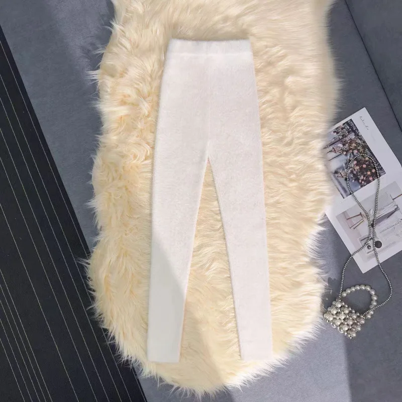 Rosa imitação de vison veludo calças femininas cintura alta elástica pelúcia casual calças térmicas fino ajuste mais veludo quente leggings