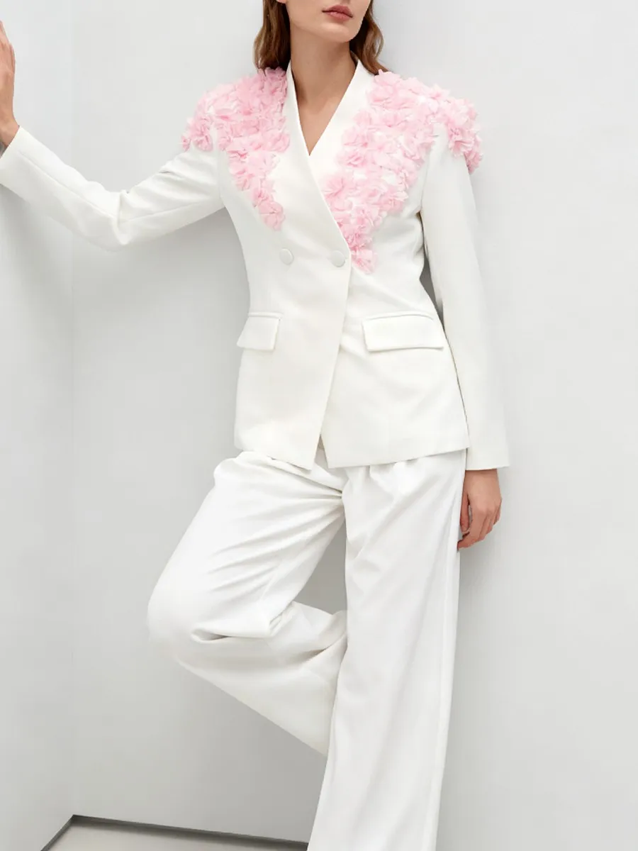 Elegant Two Piece Sets for Women V Neck Long Sleeves Tunic Spliced 3D Flower Blazer Wide Leg Pant Sets Female New костюм