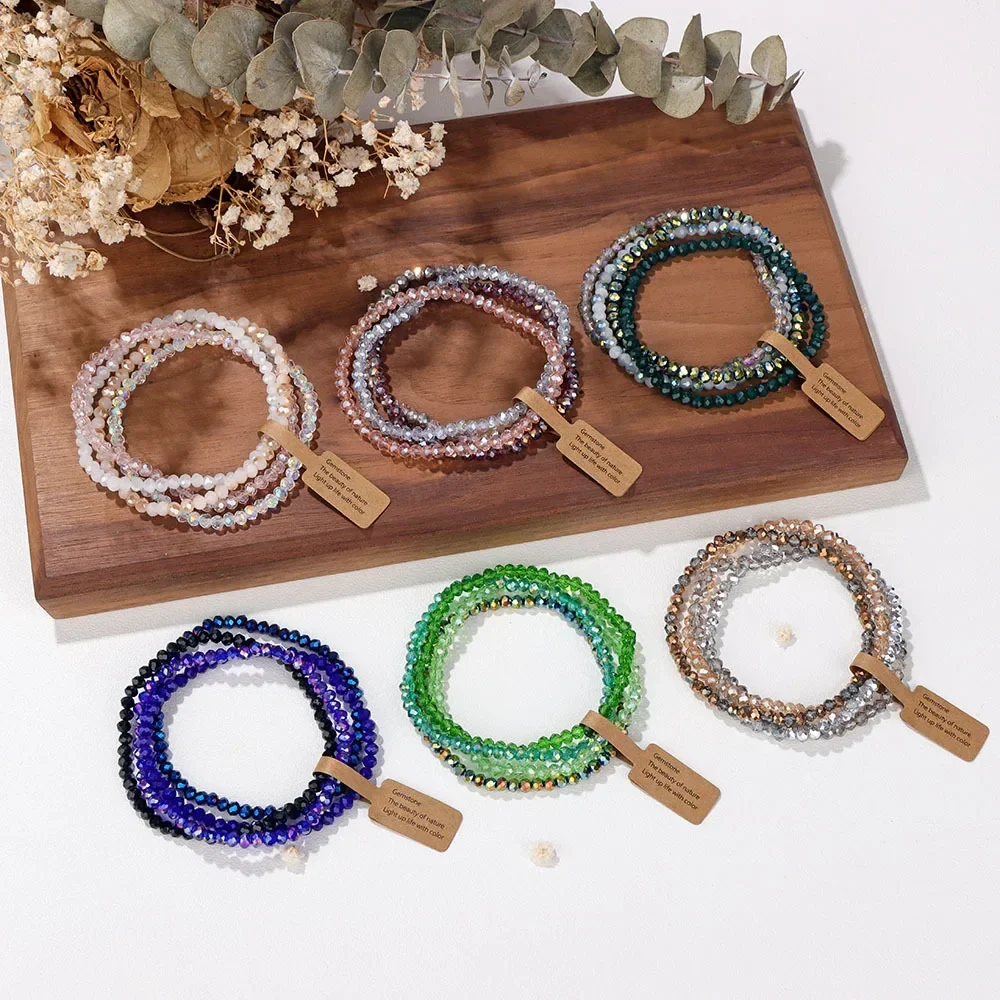 4 Pieces Set Faceted Glass Beads Stretch Bracelet for Women Men Crystal Beads Multi Color Elastic Rope Bracelet Handmade Jewelry