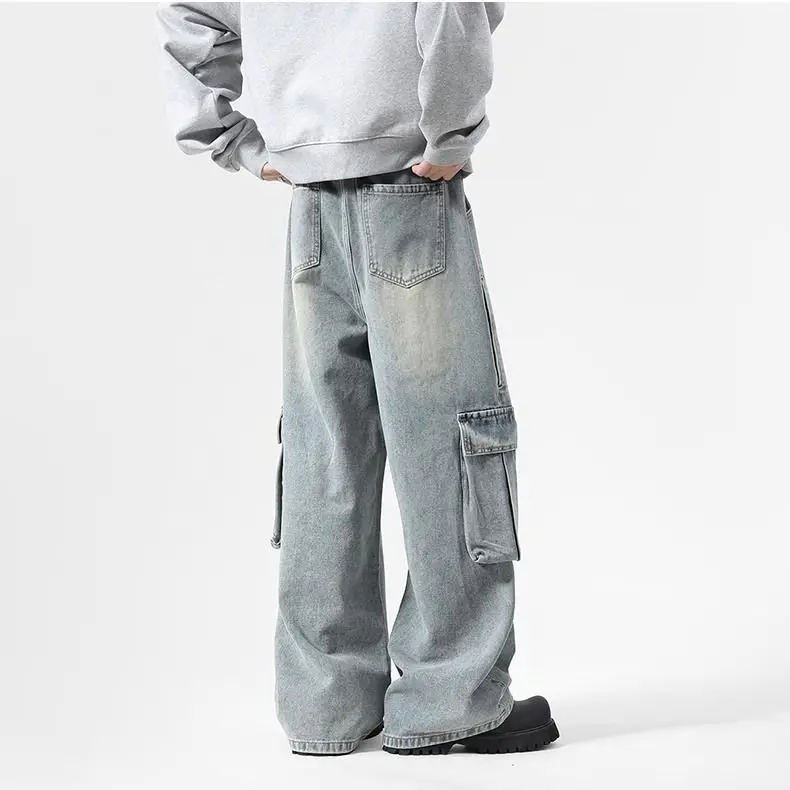 

Pocket Tooling Jeans Men's New Loose Wide-leg Washed Retro High Street American Mopping Trousers