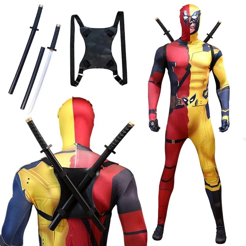 

Superhero Cosplay Children Adults Costume Bodysuits with Toy Swords Accessories Wade Wilson Logan Movie Character Clothes