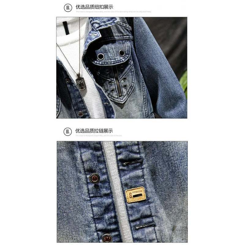 2024 new retro indentation biker denim jacket men's fashion splicing scratch long-sleeved nostalgia jacket men's clothing