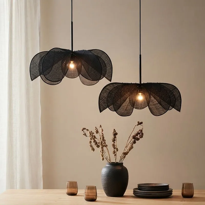 Vintage Fabric Pendant Light Creative Petal LED Pendant Light Living Room Restaurant Hotel Simple Art Chandelier