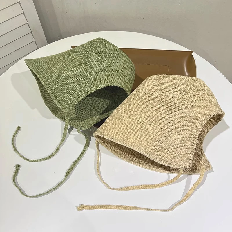 Linen Grass Woven Sun Hat for Women Spring Summer 2024 Lace Up Korean Big Brim Bucket Hat Outdoor Sunscreen Fisherman Cap Panama