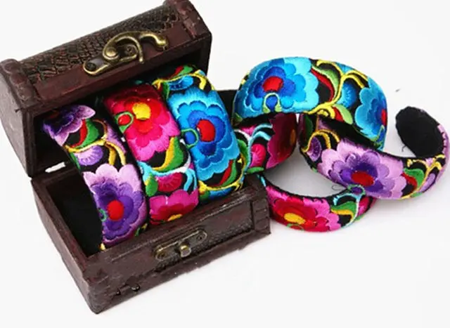 10PCS Miao Ethnic Embroidered Bangles Colorful Flowers Open Cuff Shangri-la Crafts BB-489