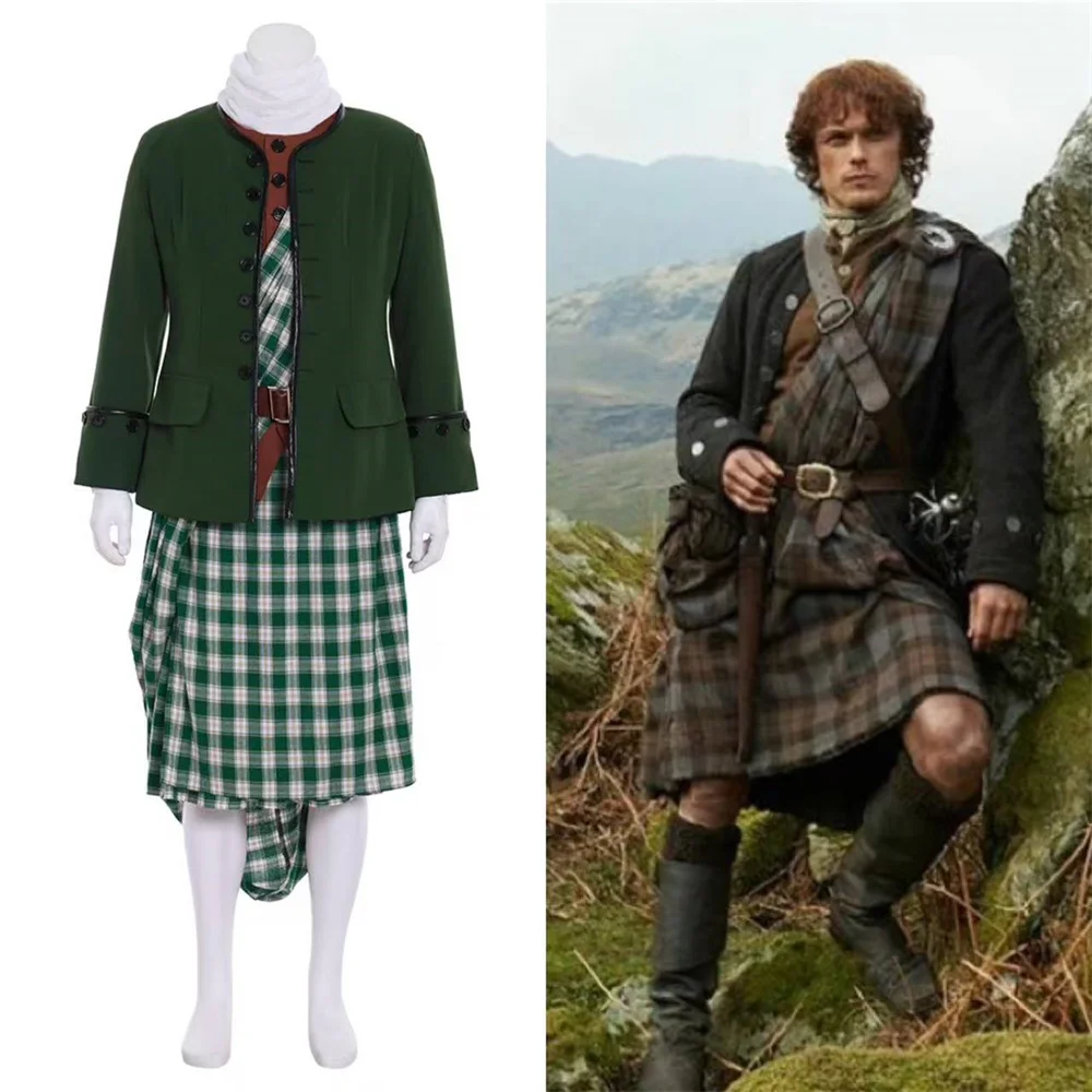 

TV Outlander Jamie Fraser Cosplay Costume Adult Men's Medieval Scottish Green Jacket Dress Suit Halloween Party Custom