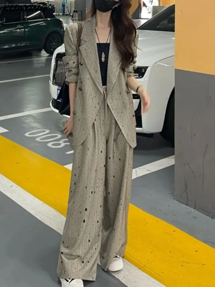 Autumn Women Blazer Pantsuits Fashion Vintage Wide Leg Pants 2 Piece Set Korean Female Business Casual Trousers Outfits New 2024