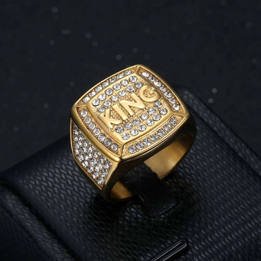 Hip Hop Iced Out Letter KING Ring 21mm Chunky Gold Color Stainless Steel Zirconia Big Large Square Rapper Rings for Man Jewelry