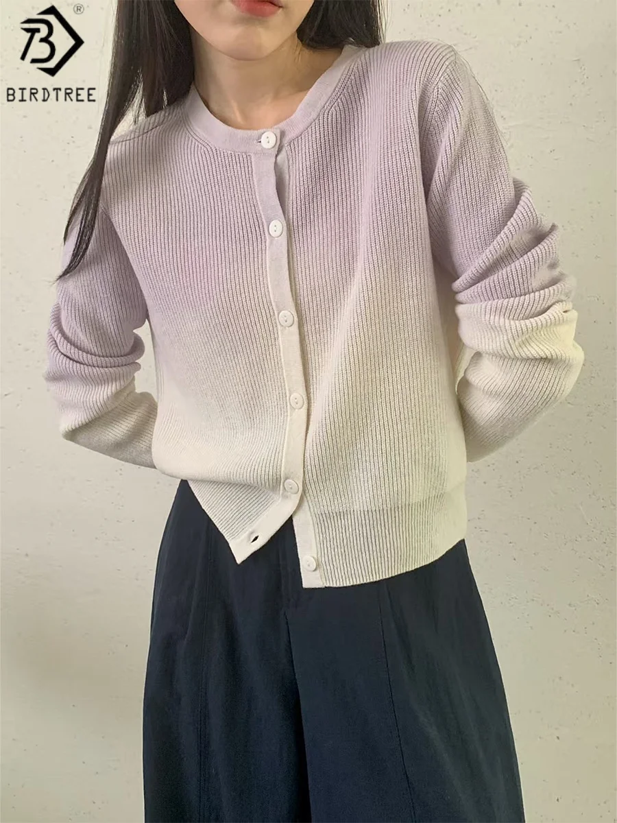 

Birdtree 100% Sheep Wool Gradient Knited Cardigan,Woman O-neck Full Sleeve Coat,2025 Autumn Single Breasted Sweater T59636JF