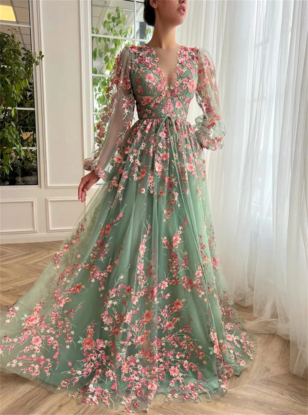 Cathy Customized Flowers Embroidery V-Neck Prom Dress Long Illusion Sleeves vestidos de noiva Floor-Length Evening Dresses 2025 image 4