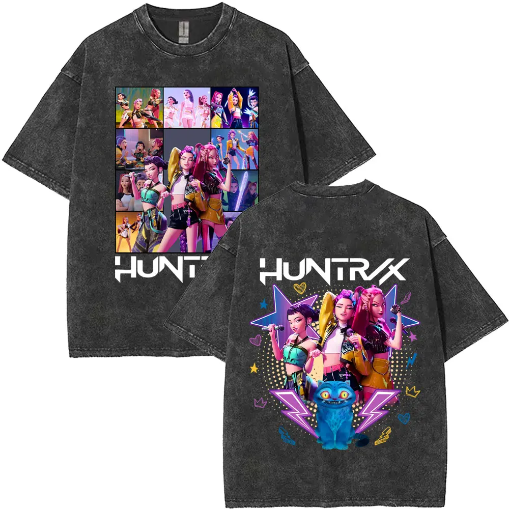 

Washed Vintage Kpop Demon Hunters Rumi Mira Zoey T-shirts Men Women Fashion Cartoon Trend T Shirts Men's Cotton Casual T-shirt