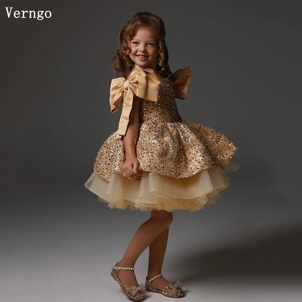 

Verngo Dark Champange Girl Flowers Dress Off The Shoulder A Line Ball Gown Glitter Sequined Birthday Dress