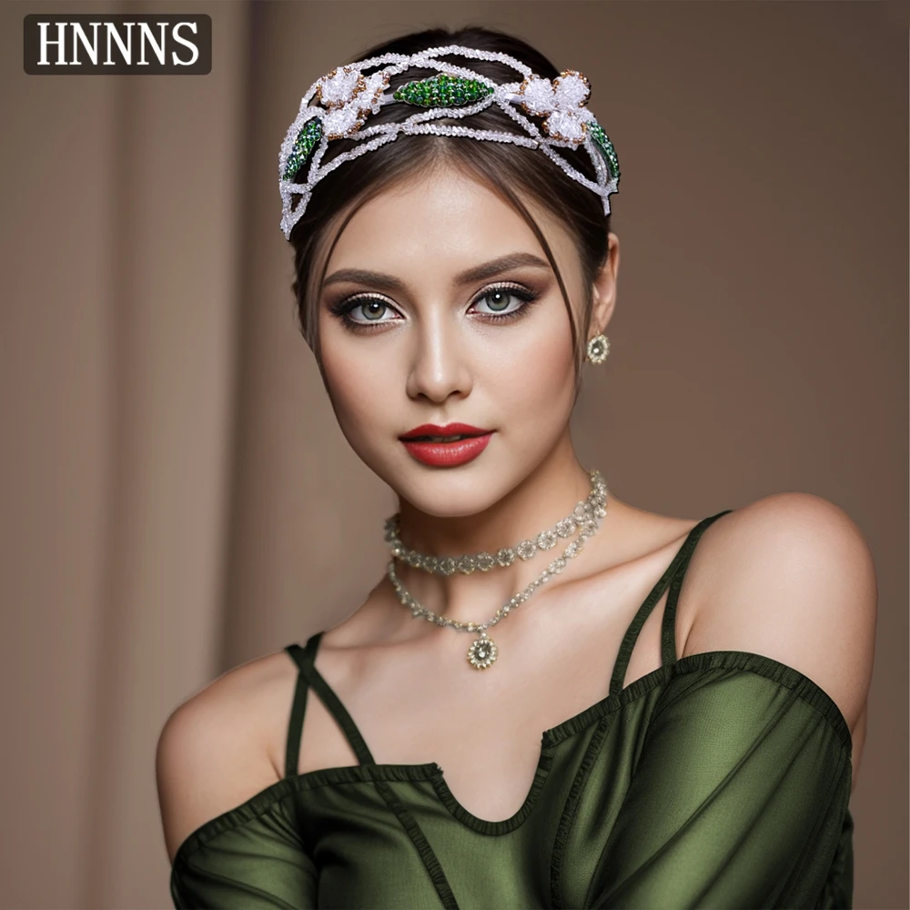 

HNNNS Crystal Beaded Hair Hoop Green Flower Headband Fashion Hair Accessories for Women Party Banquet Head Piece A53
