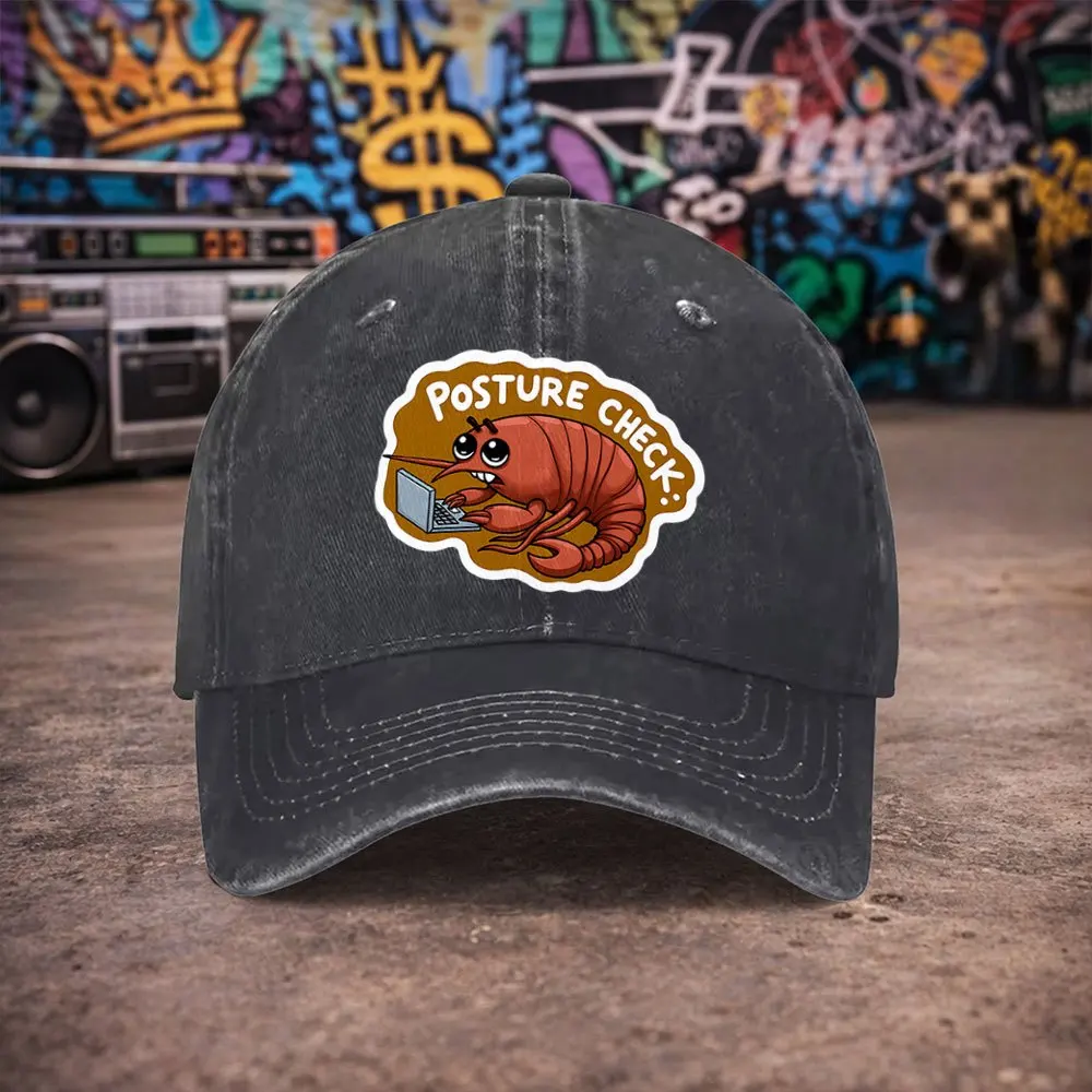 1pc Unisex Posture Check Lobster Vintage Washed Baseball Cap - Men'S Trendy Hat - Versatile Duckbill Cap - Fun Print - Unique Bi