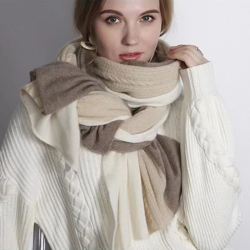 Autumn and winter new cashmere shawl women loose color matching big cloak cardigan pure wool knitted thick warm scarf.
