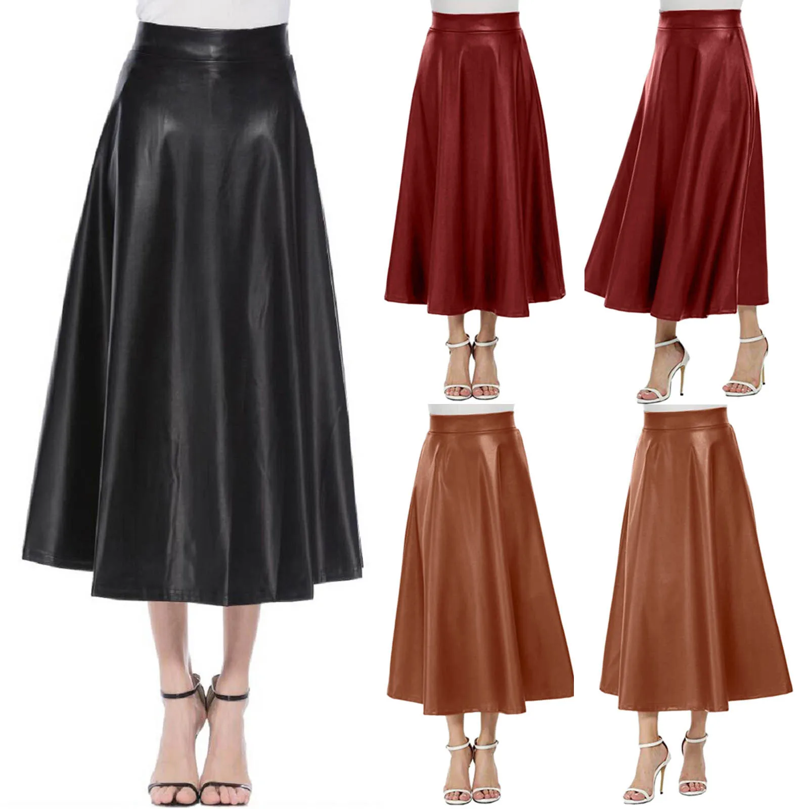 Women Long Skirts Fashion Leather PU Skirt 2024 Solid Office Lady Midi Skirts Elegant High-Waisted Party Skirt Bottoms