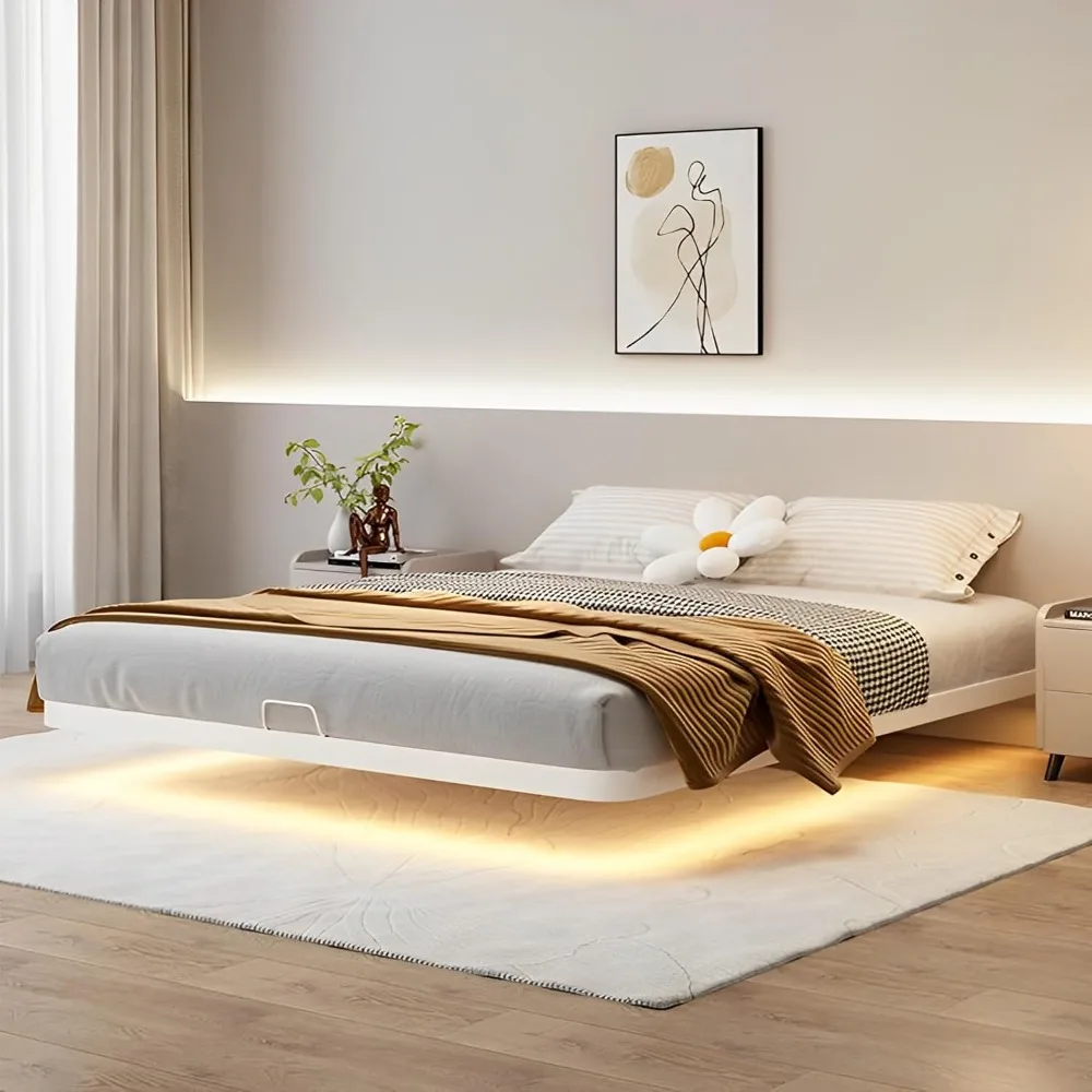 Floating Metal Bed Frame - Queen Size Modern Platform with Smart LED Lights, Heavy Duty Bed Mattress Foundation, Warm White