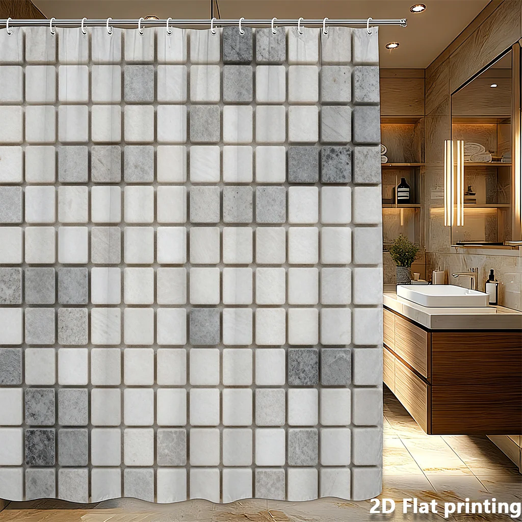 Home Bathroom Tiles Design - ม่านอาบน้ำพิมพ์ลายกระเบื้องรถไฟใต้ดินขนาดใหญ่ ม่านห้องน้ำกันน้ำ ตกแต่งโมเสค ดีไซน์ทันสมัยสำหรับบ้าน 180x180 ซม.