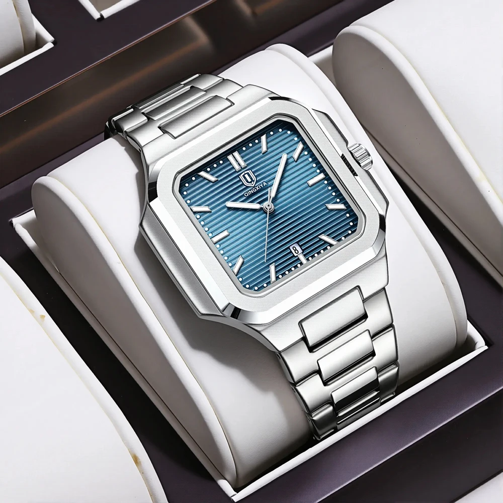 QINGXIYA العلامة التجارية مربع موضة رجل ساعة اليد مقاوم للماء مضيئة تاريخ كوارتز ساعات رجالي الفولاذ المقاوم للصدأ ساعة رجالية فاخرة Reloj